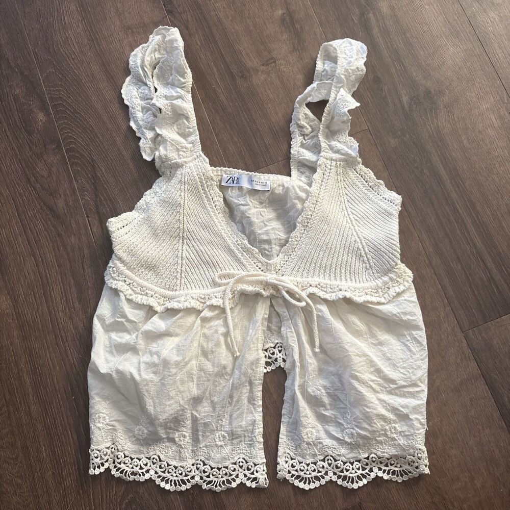Zara Women’s White Solid Knit V-Neck Tie Front Ruffle Lace Cami Top Size S